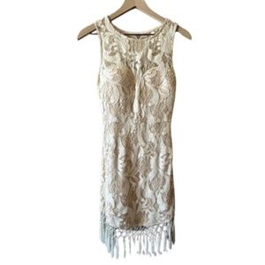 Women's S NWT AKIRA Lace Dress Cream Fringe Sleeveless Open Back